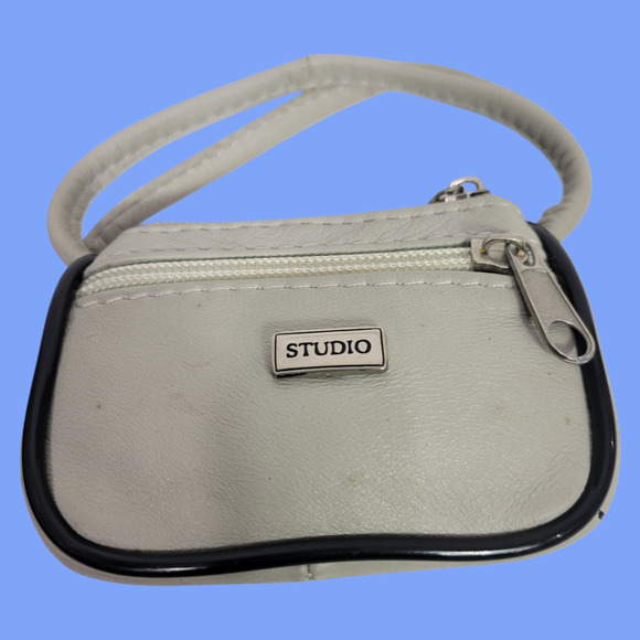Vintage Studio Tiny Leather Bag Taupe Beige Coin Purse Pouch Change Handles Mini - Picture 16 of 16